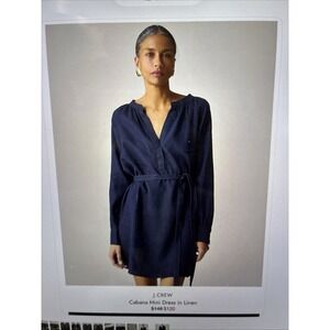 JCREW Cabana mini dress in 100% linen Navy Women's w/waist tie, pockets Sz XS